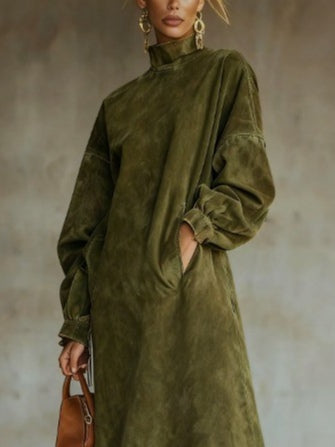 Aurelia Fringe™ | Vintage Suede High-Neck Midi Dress