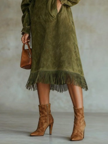 Aurelia Fringe™ | Vintage Suede High-Neck Midi Dress