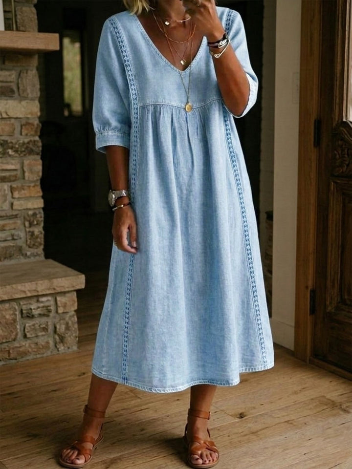 Marielle™ | Elegant Lace Trim Denim Dress