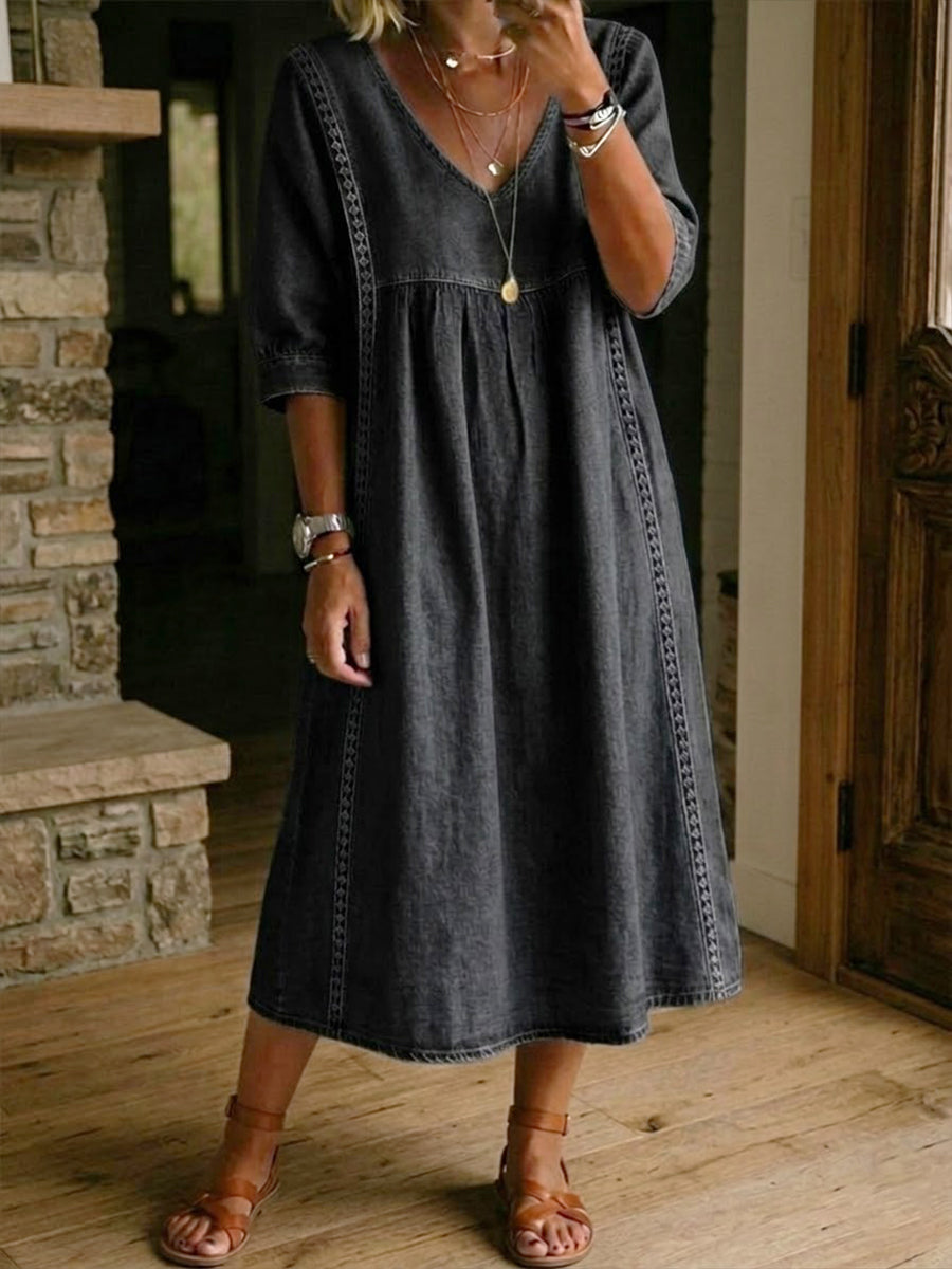 Marielle™ | Elegant Lace Trim Denim Dress