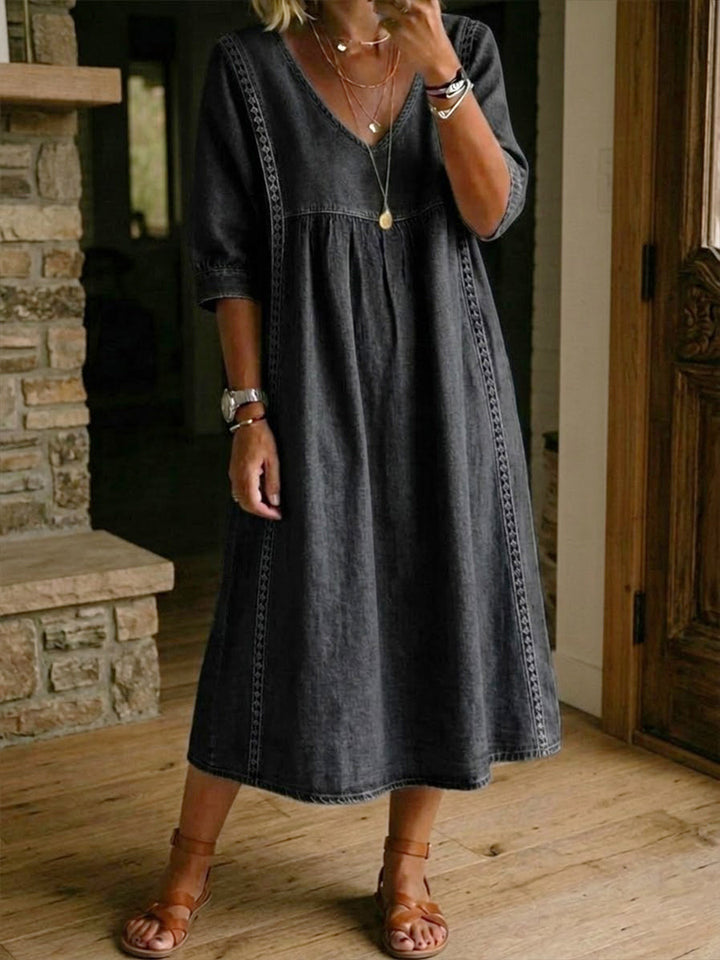 Marielle™ | Elegant Lace Trim Denim Dress