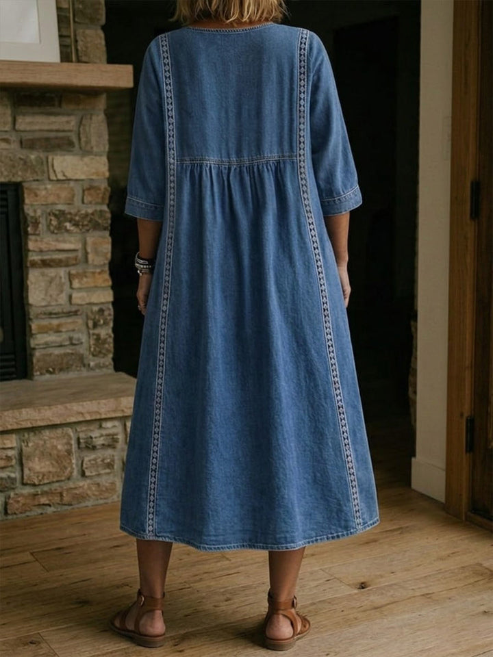 Marielle™ | Elegant Lace Trim Denim Dress