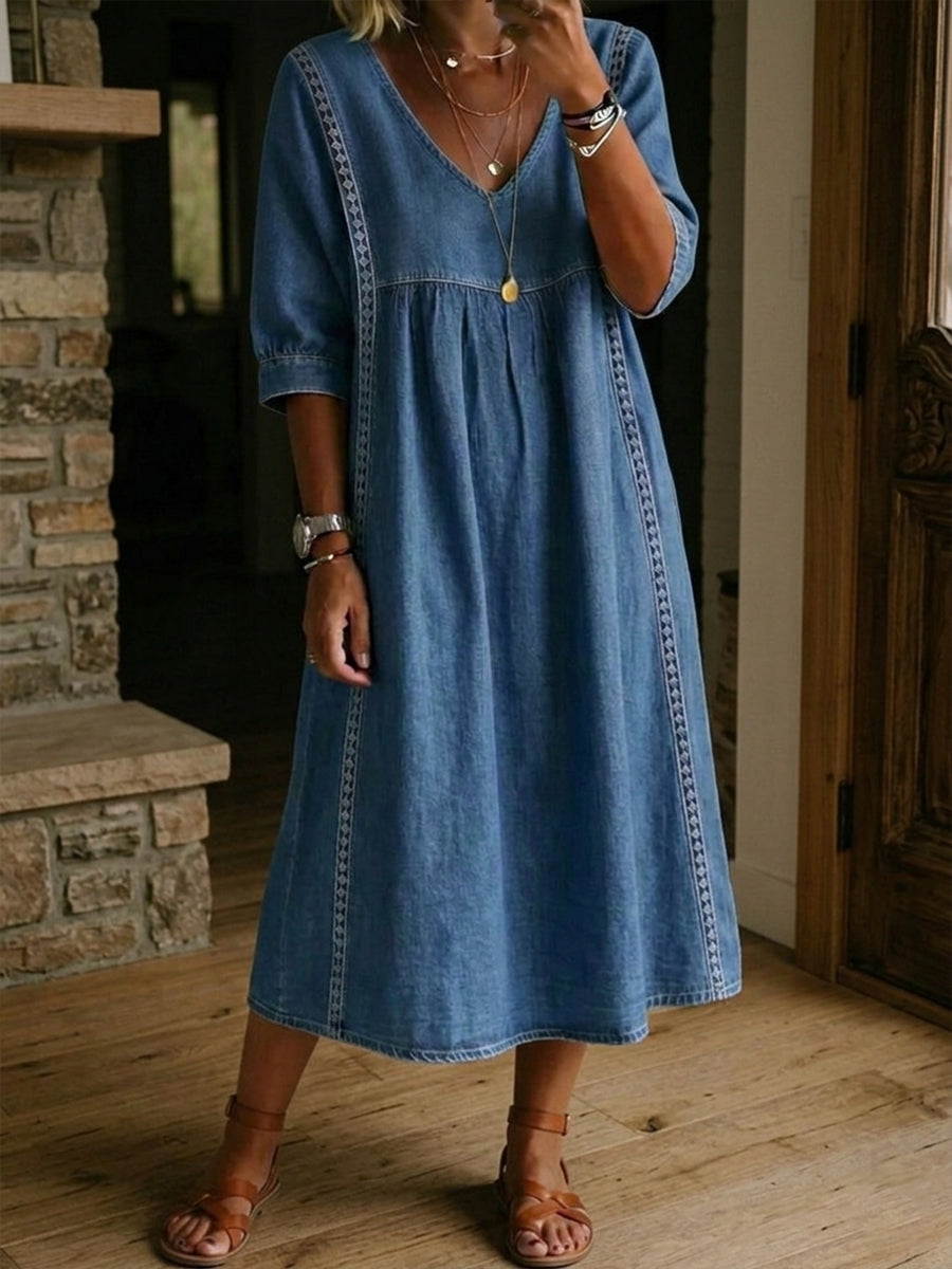 Marielle™ | Elegant Lace Trim Denim Dress